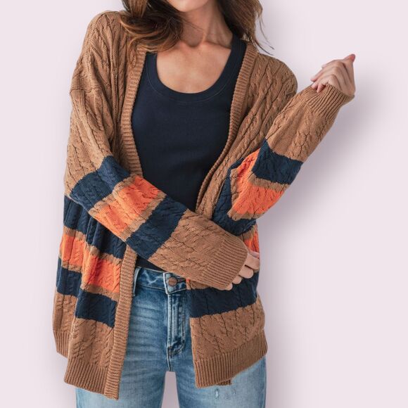 ANTHROPOLOGIE Brown Cable Knit Cardigan Size M/L Longline Varsity Stripes Preppy - Picture 1 of 11